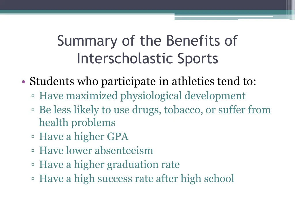 summary of the benefits of interscholastic sports