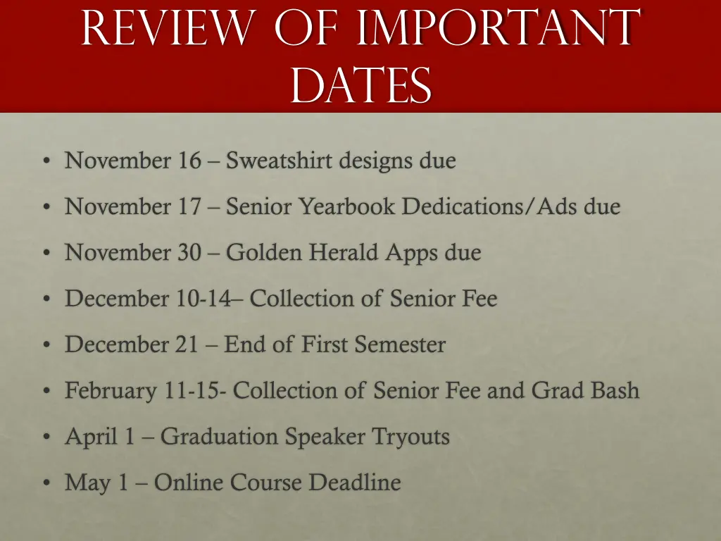 review of important dates