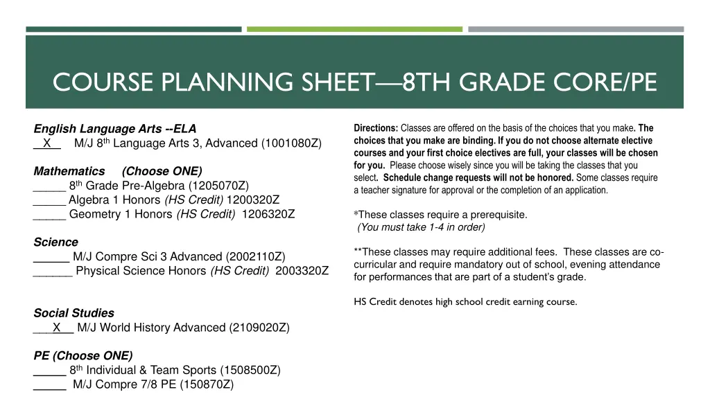 course planning sheet 8th grade core pe