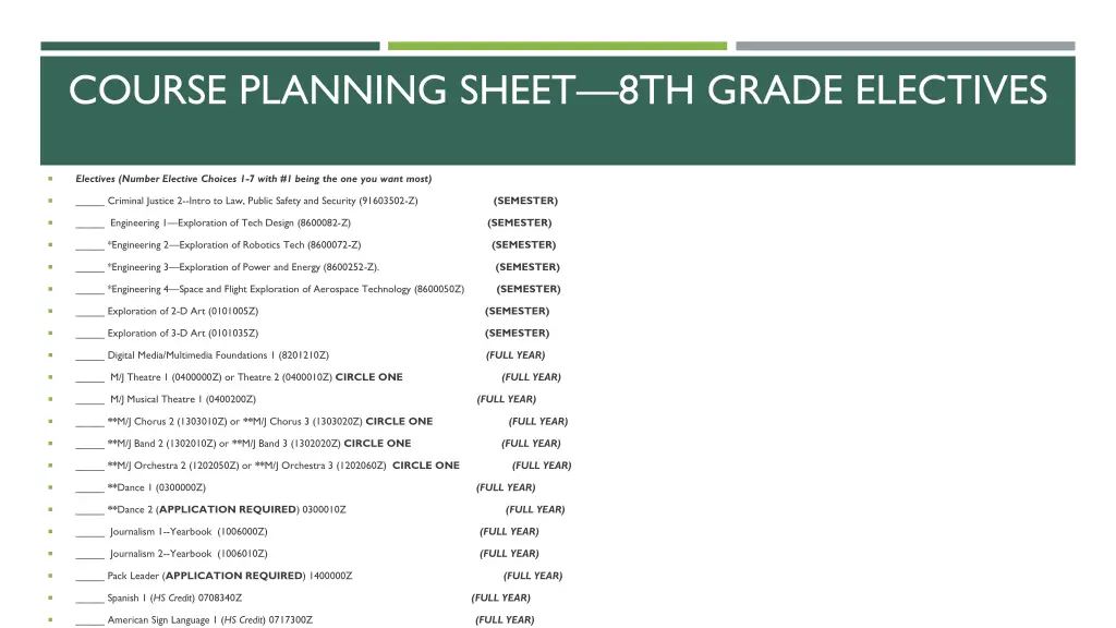 course planning sheet 8th grade electives