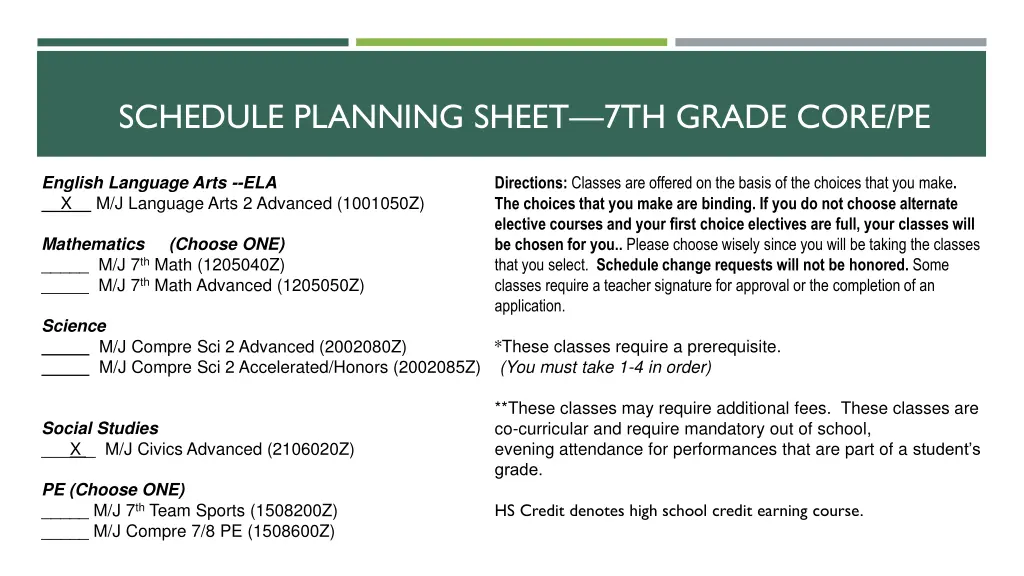 schedule planning sheet 7th grade core pe