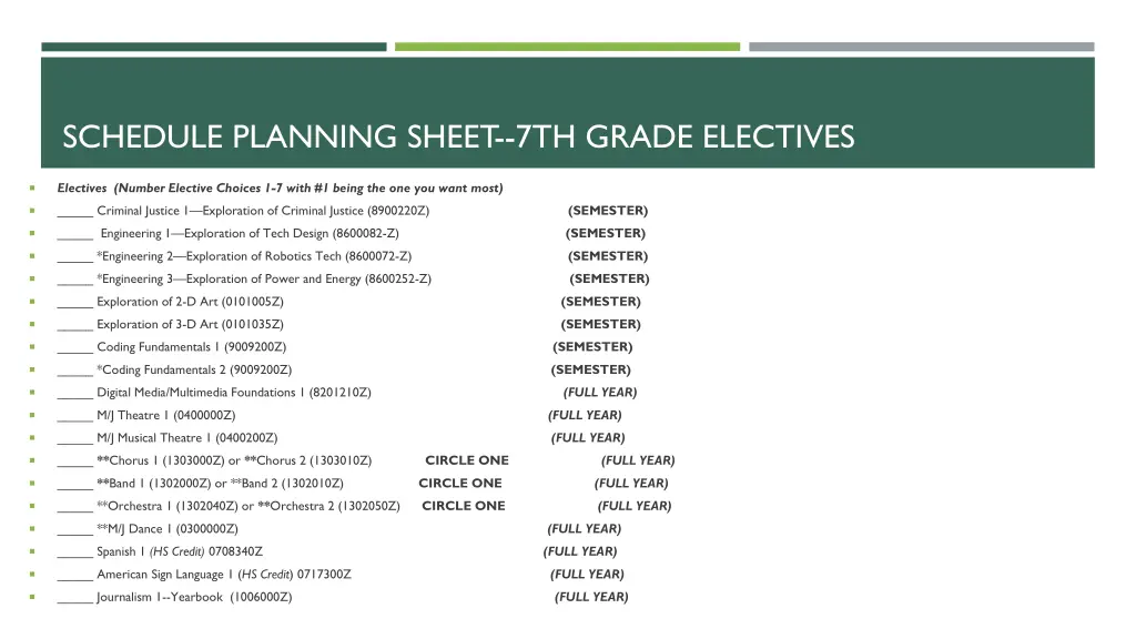 schedule planning sheet 7th grade electives