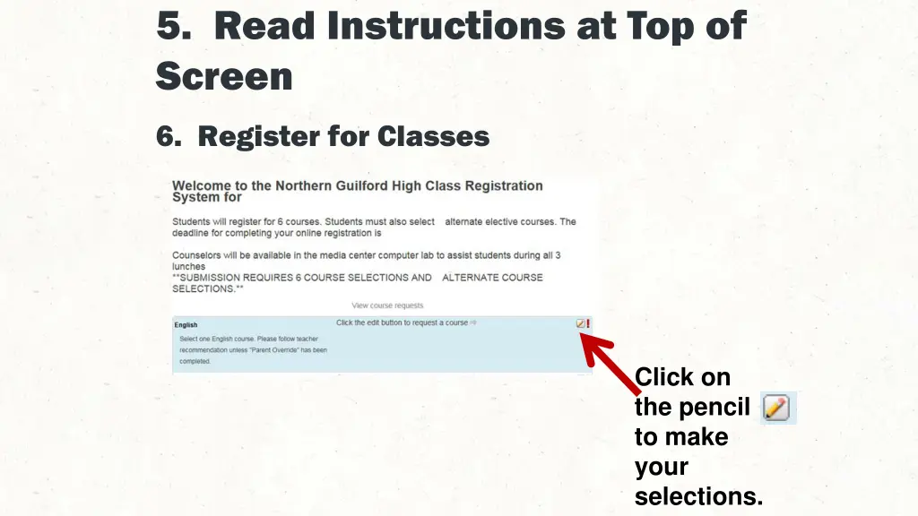 5 read instructions at top of screen