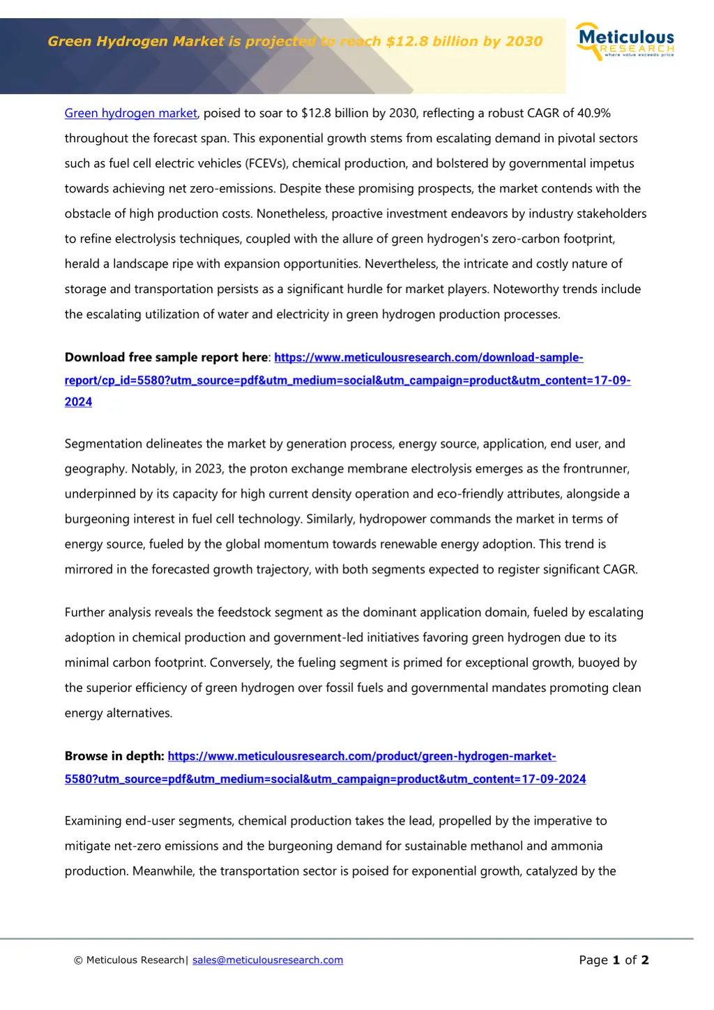 green hydrogen market is projected to reach