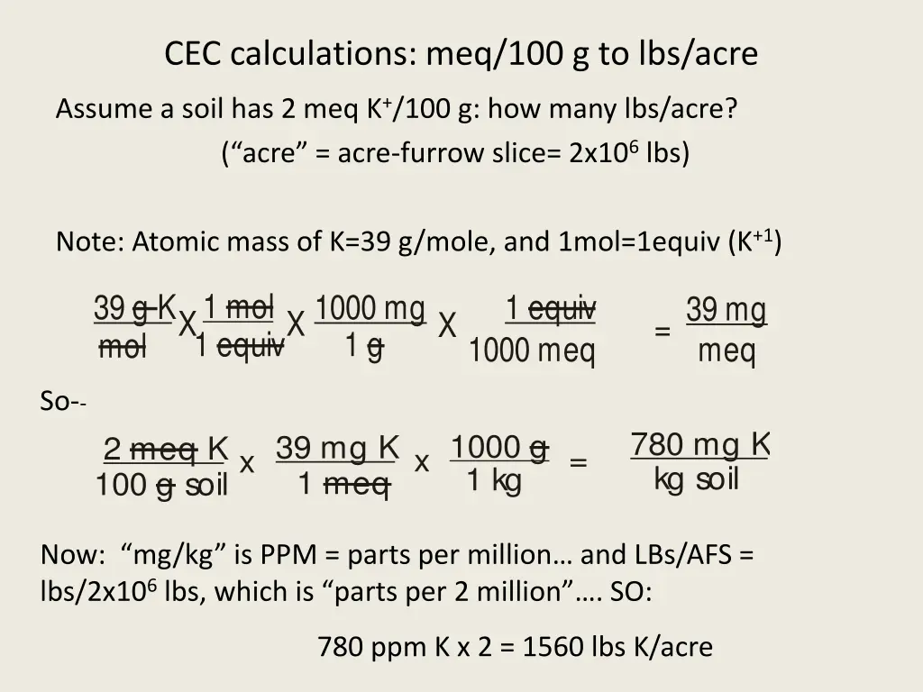 cec calculations meq 100 g to lbs acre