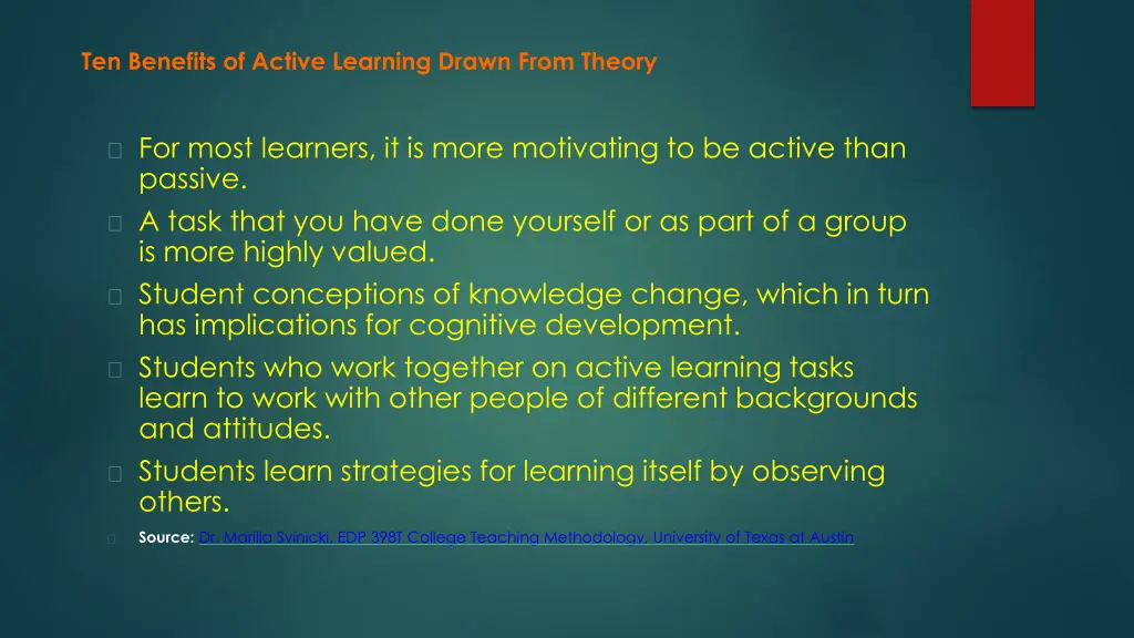 ten benefits of active learning drawn from theory