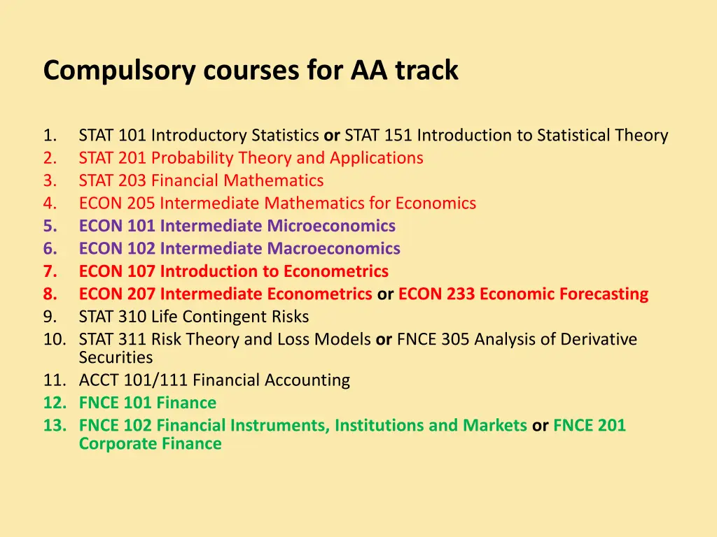 compulsory courses for aa track