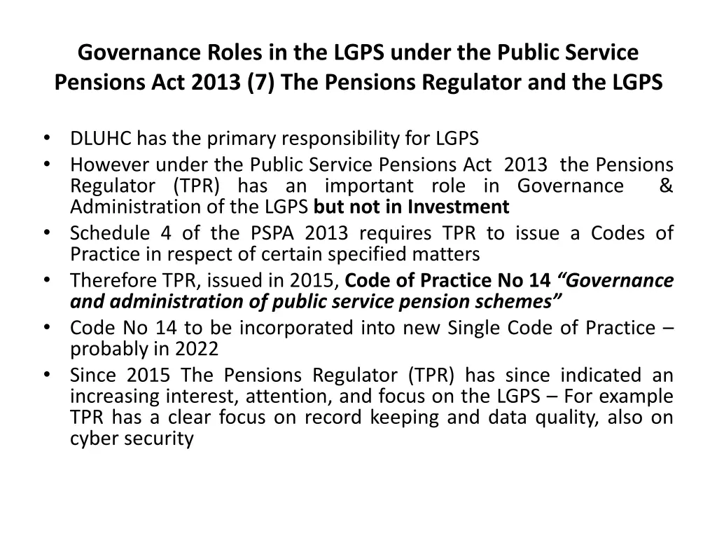 governance roles in the lgps under the public 6