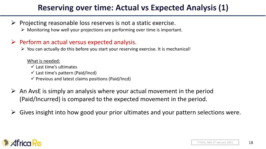 reserving over time actual vs expected analysis 1