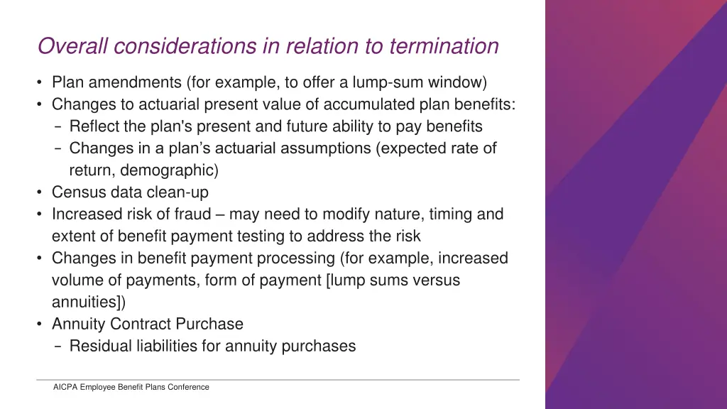 overall considerations in relation to termination