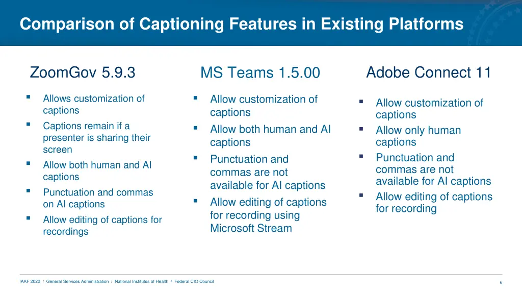 comparison of captioning features in existing