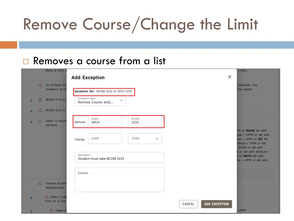 remove course change the limit