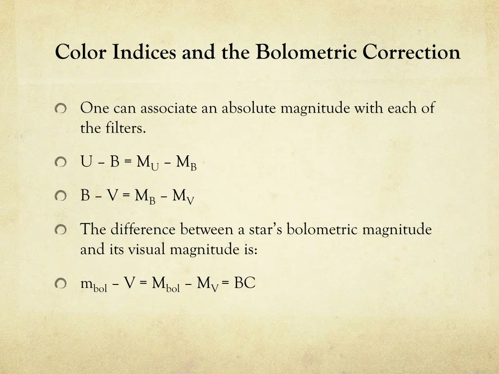 color indices and the bolometric correction