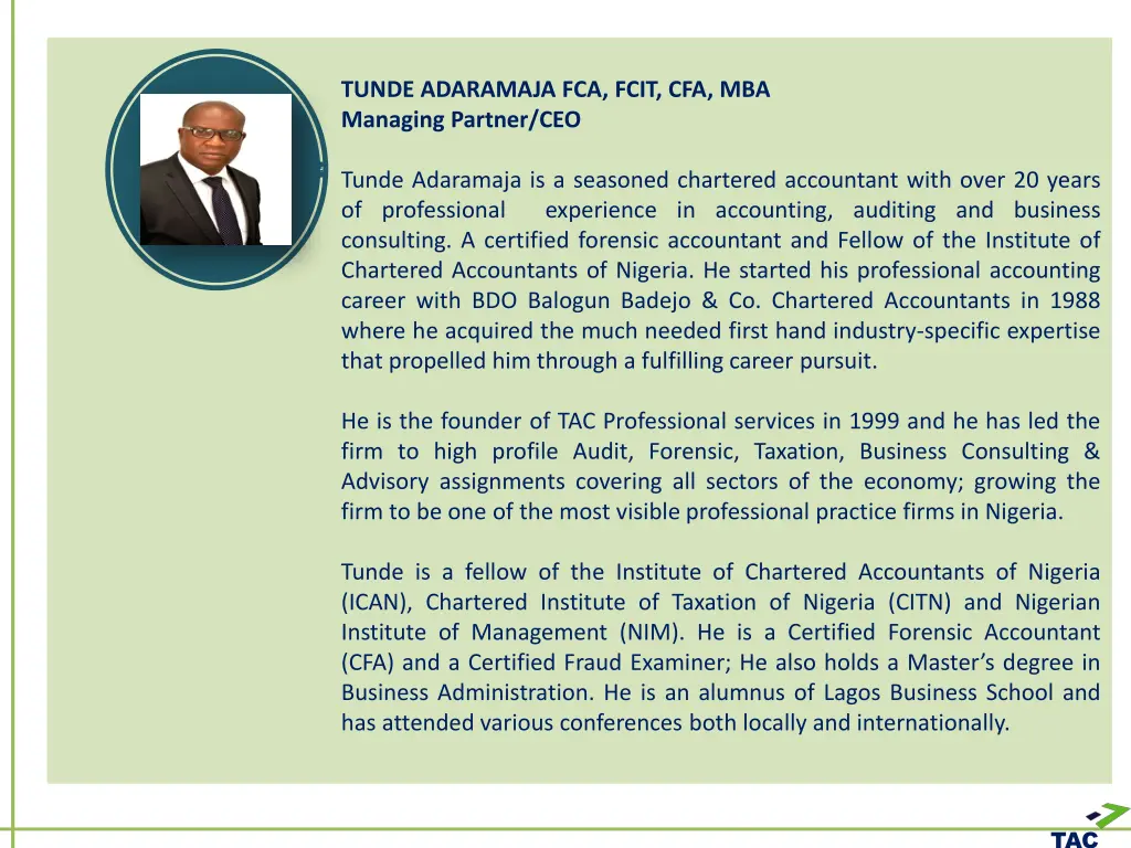 tunde adaramaja fca fcit cfa mba managing partner