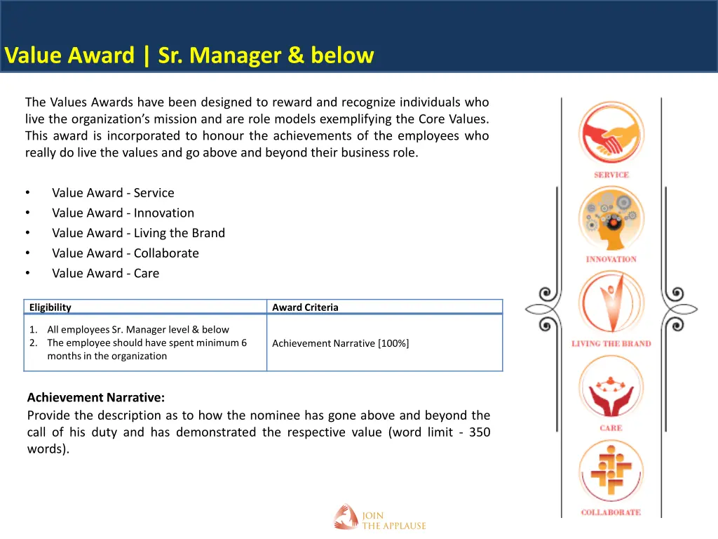 value award sr manager below