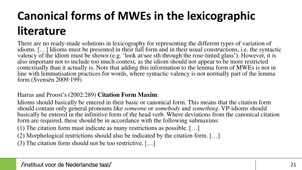 canonical forms of mwes in the lexicographic