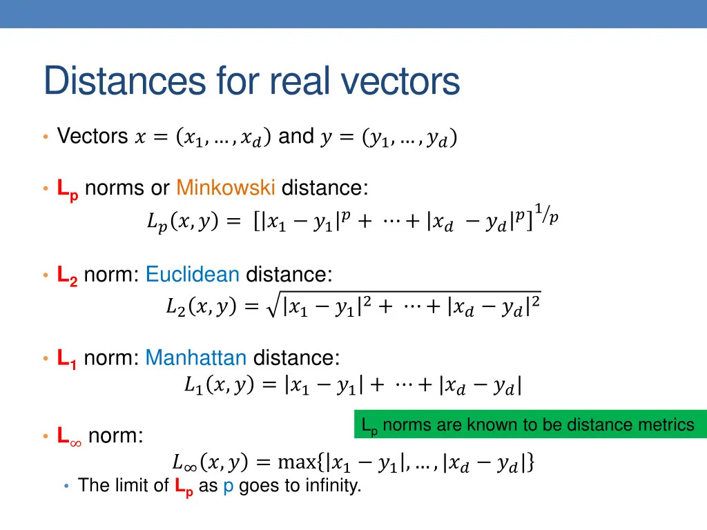 distances for real vectors