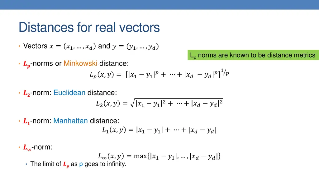 distances for real vectors