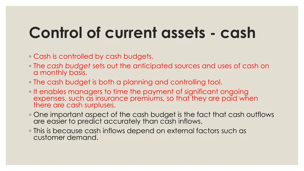 control of current assets cash