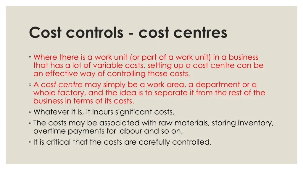 cost controls cost centres