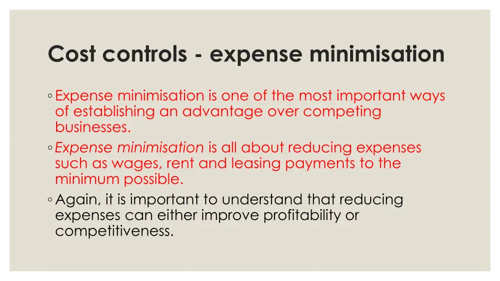 cost controls expense minimisation