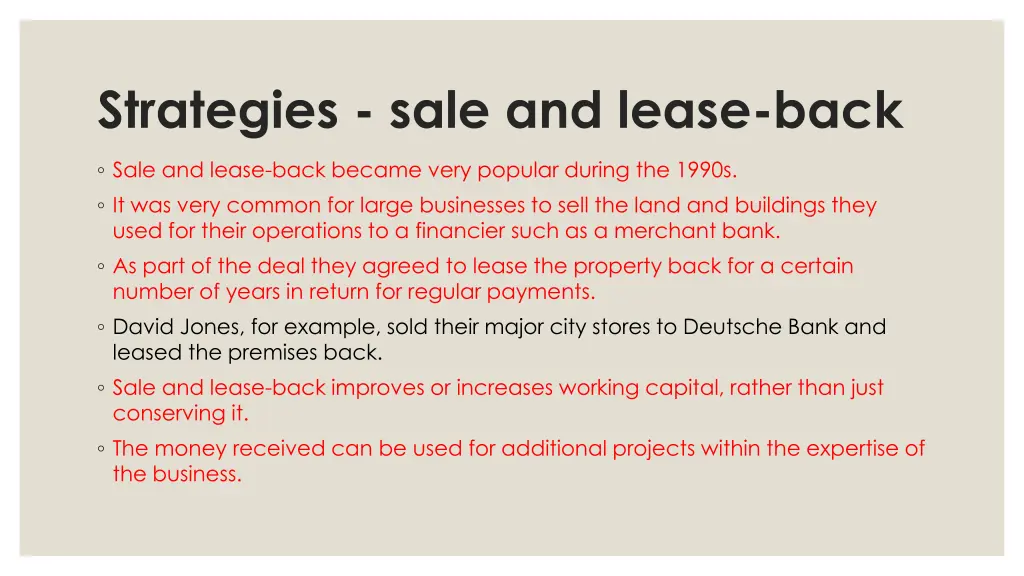 strategies sale and lease back