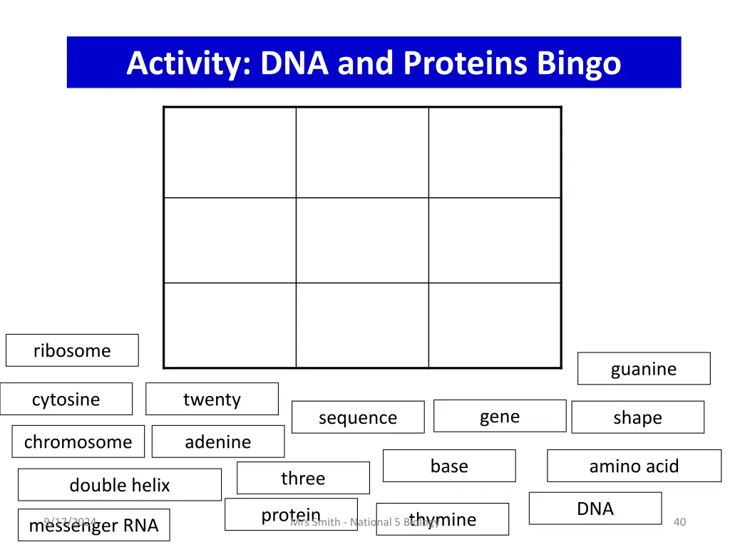 activity dna and proteins bingo