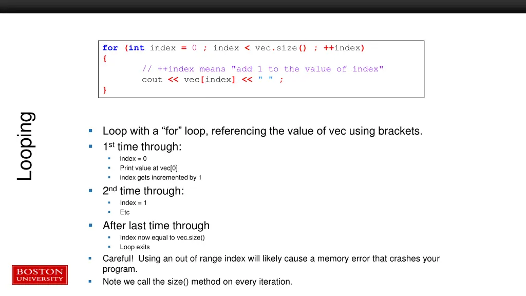 for int index 0 index vec size index index means