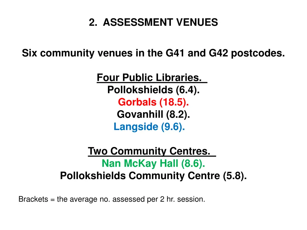 2 assessment venues