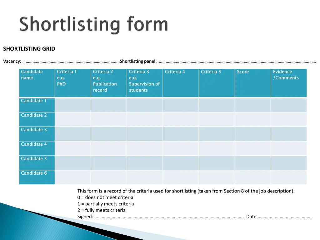 shortlisting grid