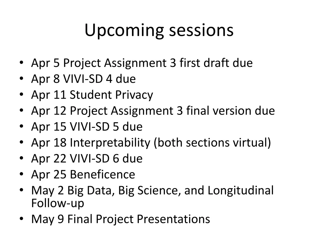 upcoming sessions