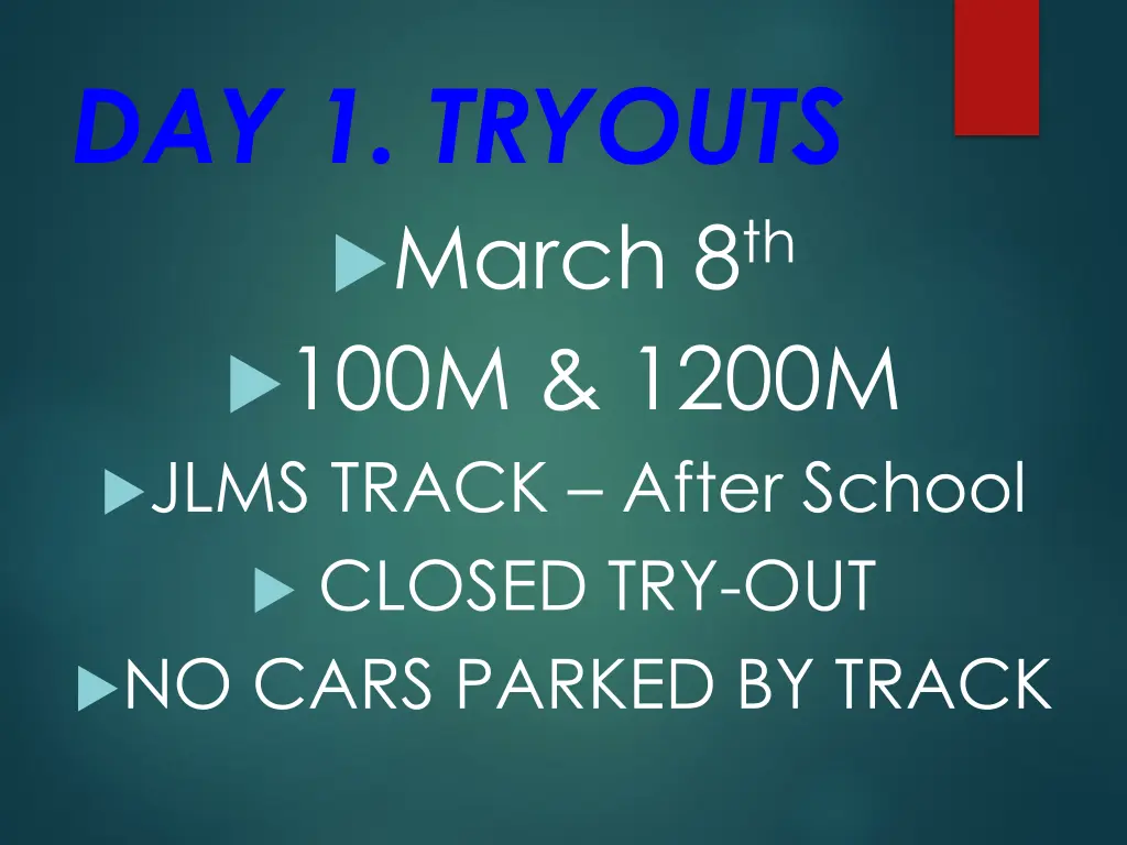 day 1 tryouts march 8 th 100m 1200m jlms track