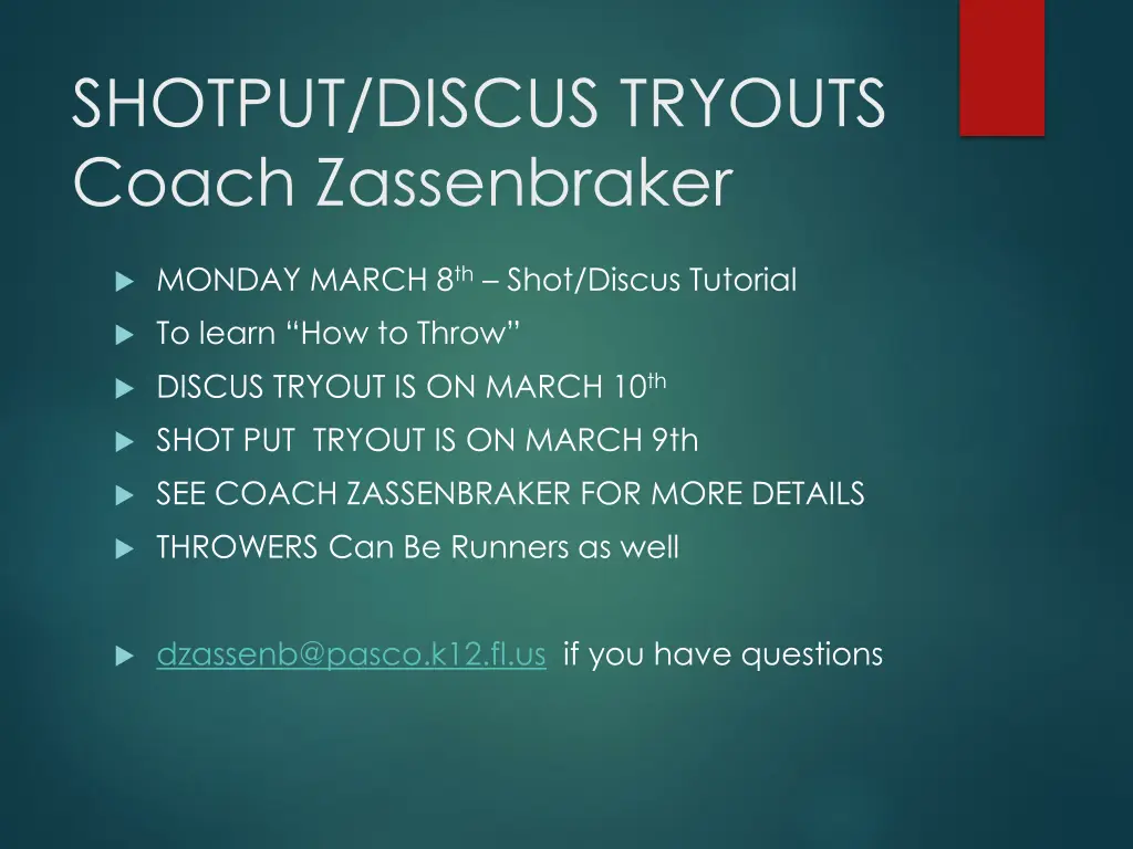 shotput discus tryouts coach zassenbraker