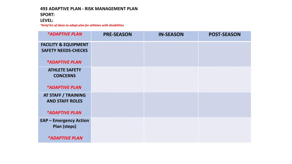 493 adaptive plan risk management plan sport