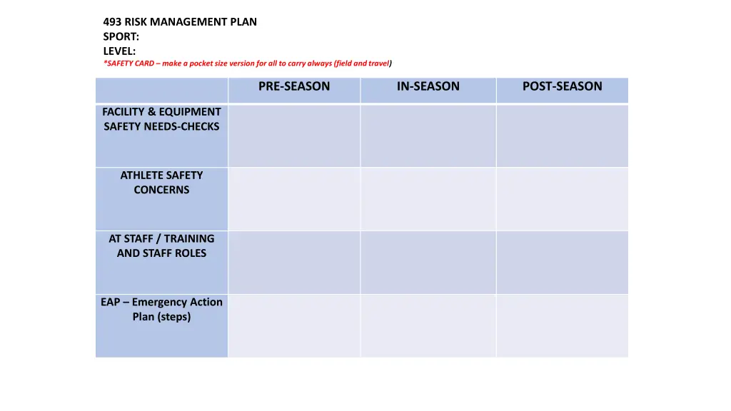 493 risk management plan sport level safety card