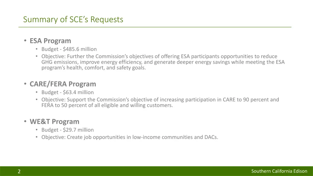 summary of sce s requests