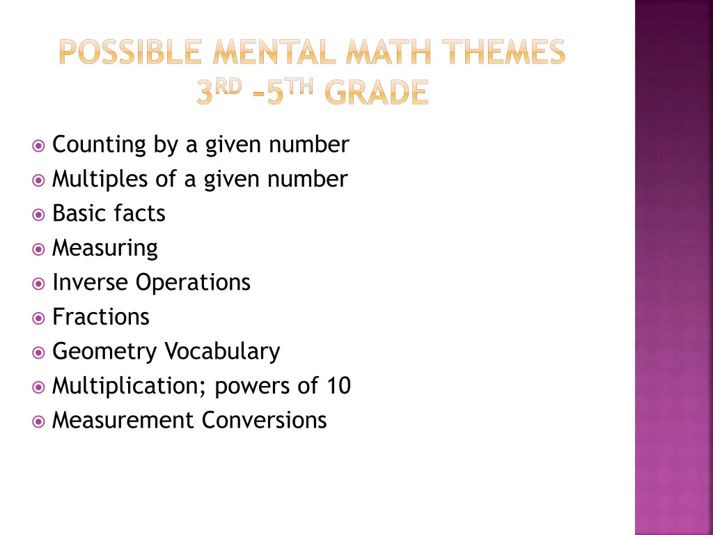 possible mental math themes 3 rd 5 th grade