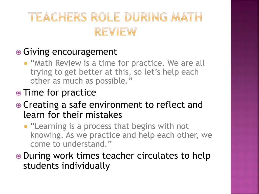 teachers role during math review