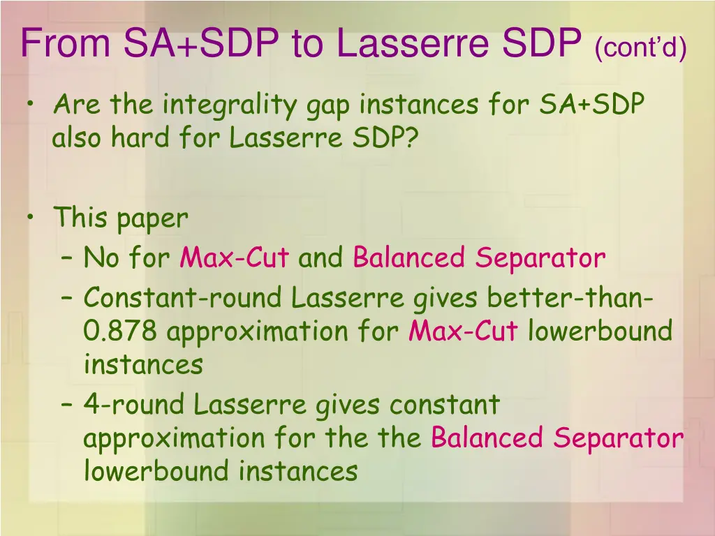 from sa sdp to lasserre sdp cont d