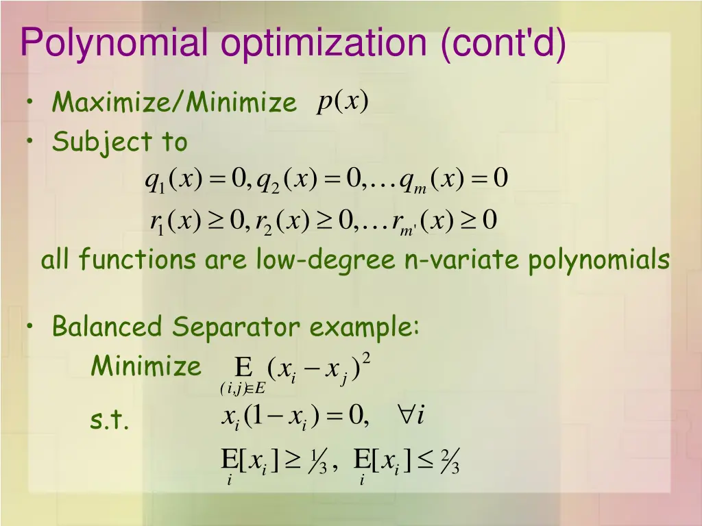 polynomial optimization cont d