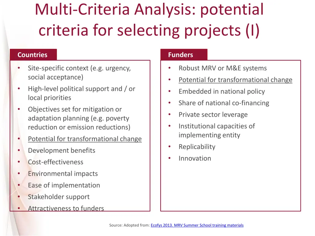 multi criteria analysis potential criteria