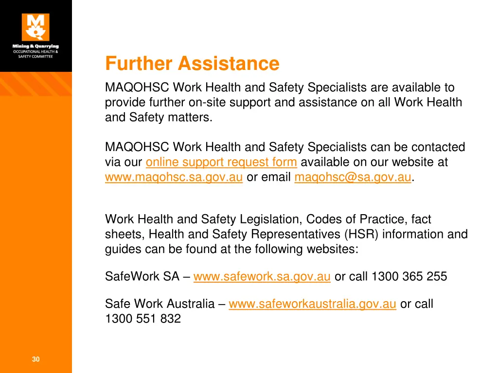 further assistance maqohsc work health and safety