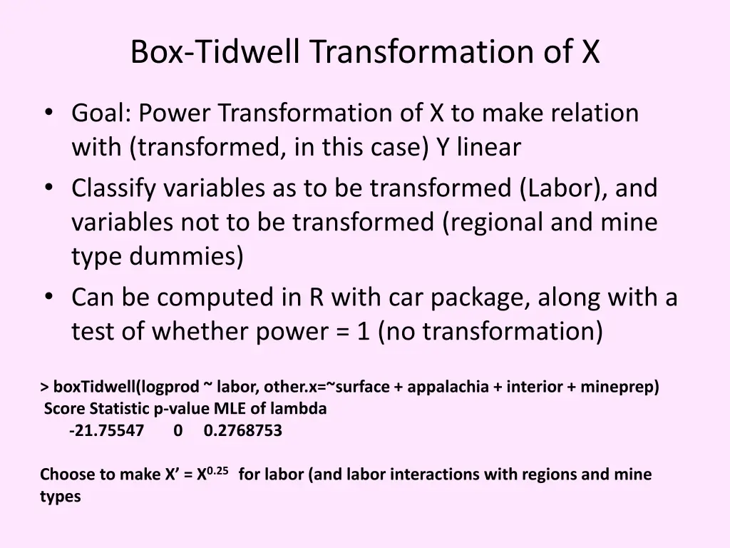 box tidwell transformation of x