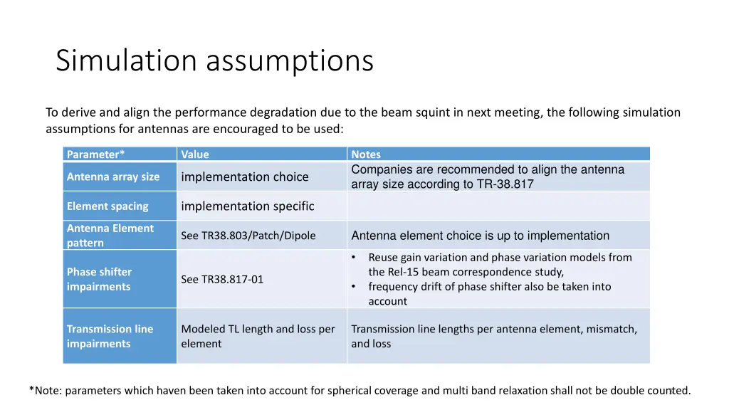 simulation assumptions