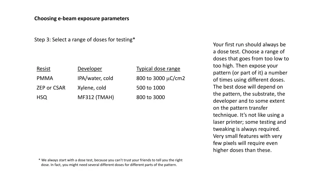 choosing e beam exposure parameters 2