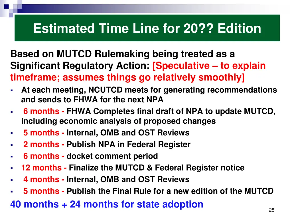 estimated time line for 20 edition