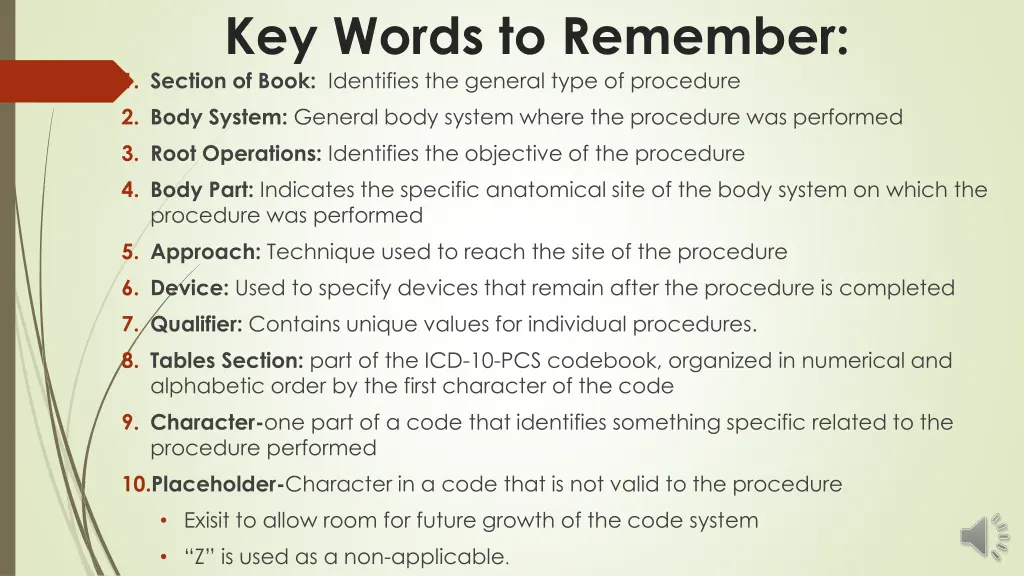 key words to remember 1 section of book