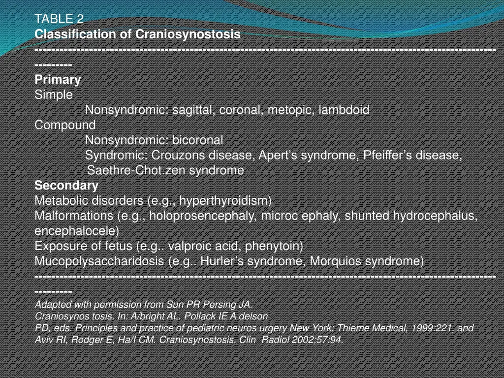 table 2 classification of craniosynostosis