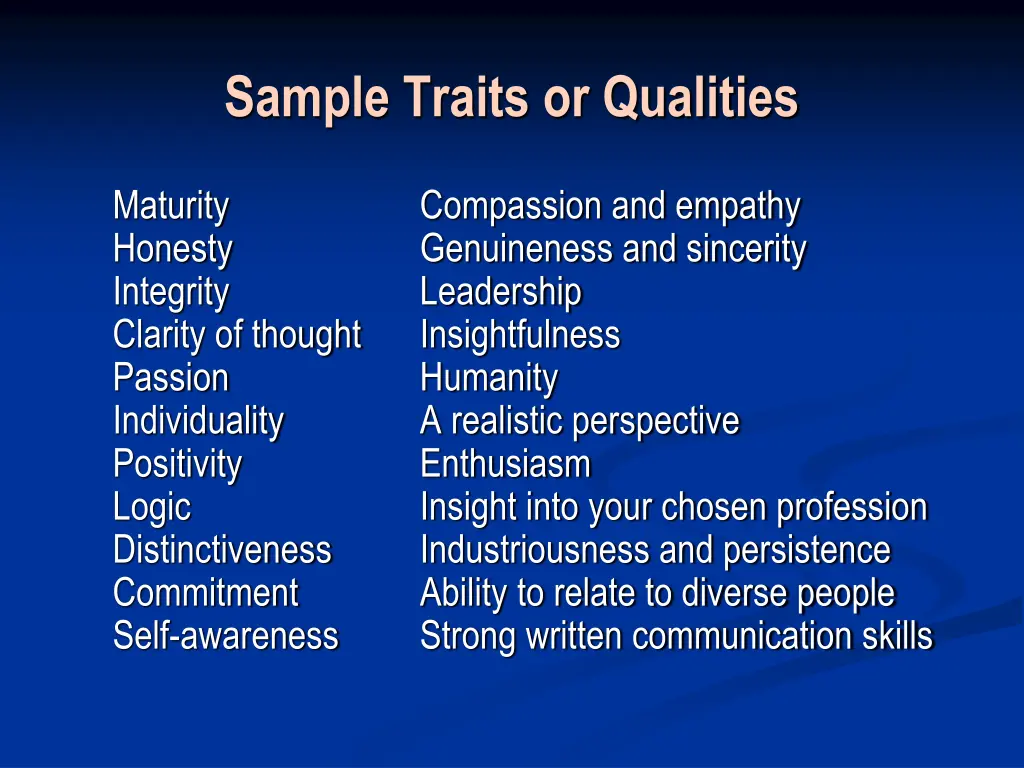 sample traits or qualities