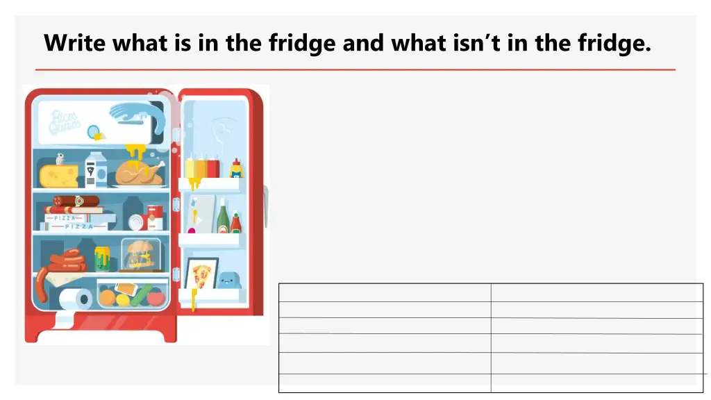 write what is in the fridge and what